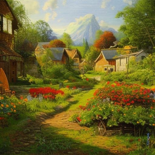 Village with Blooming Gardens: An Oil Painting