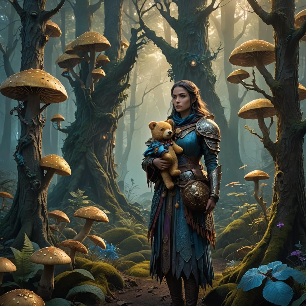 Kalashtar Warrior with Teddy Bear in Mystical Forest