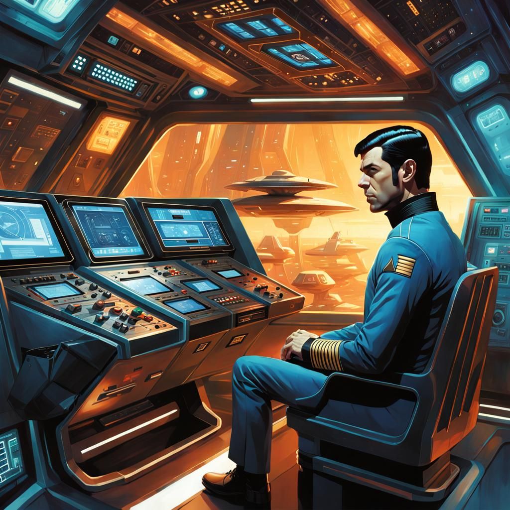 Commander Spock in Retro-Futuristic Spaceship