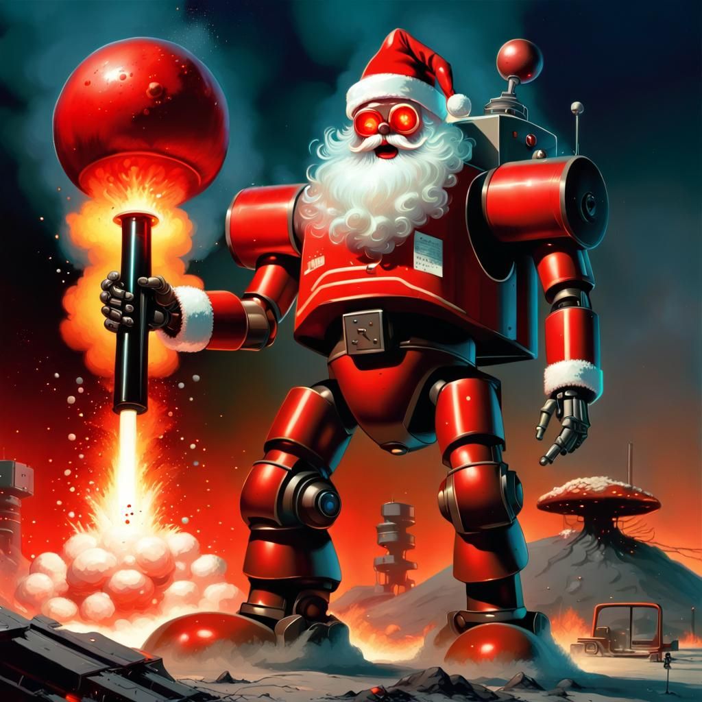 Futuristic Robot Santa with Nuclear Explosion