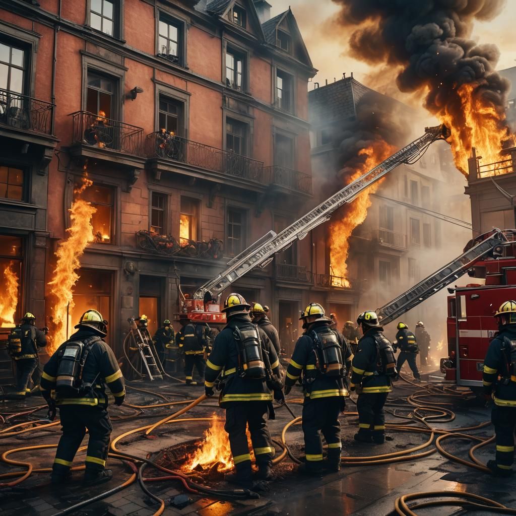 German Firefighters in Action: Vibrant Oil Painting Style