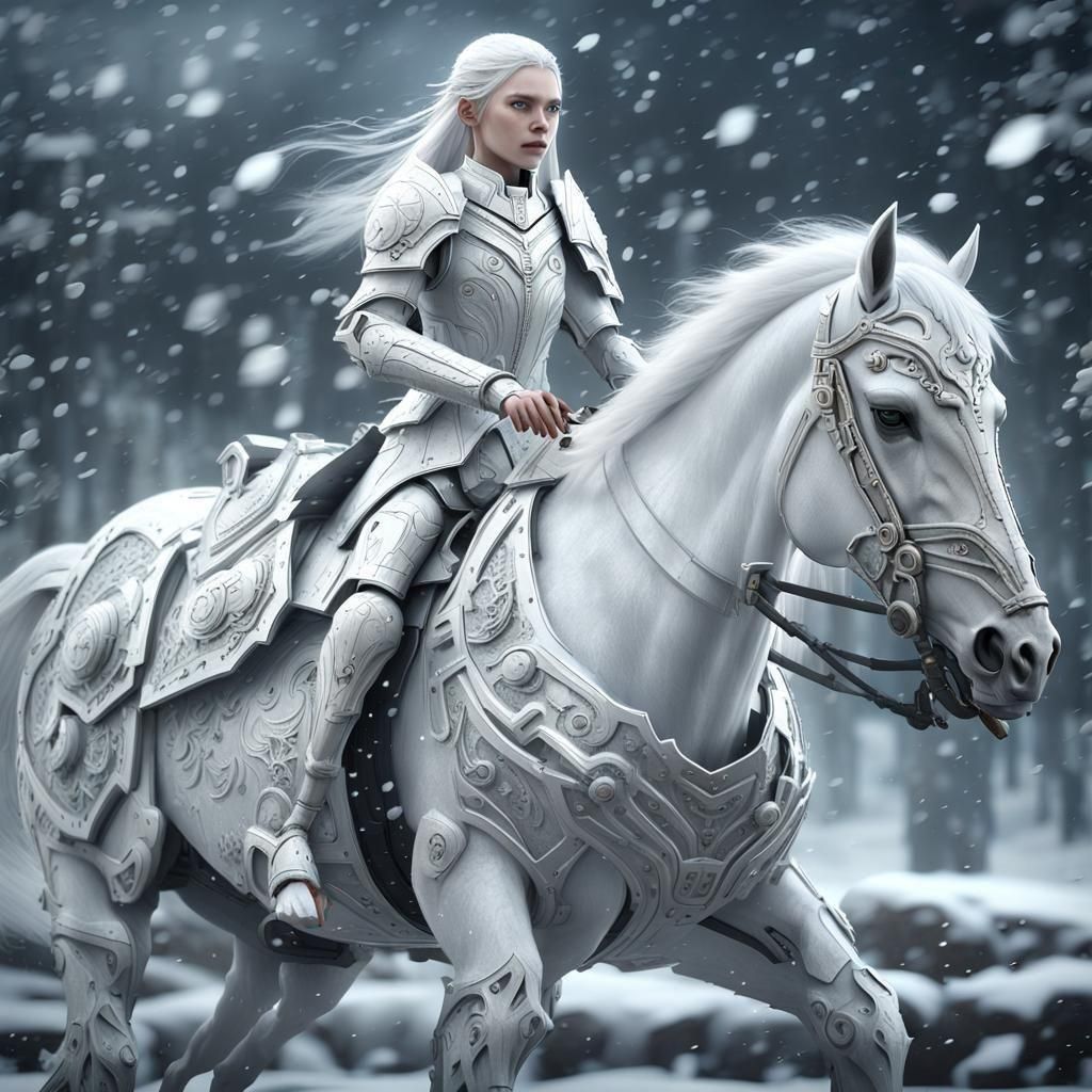 Snow Elf Child on Armored Horse, Sci-Fi Style