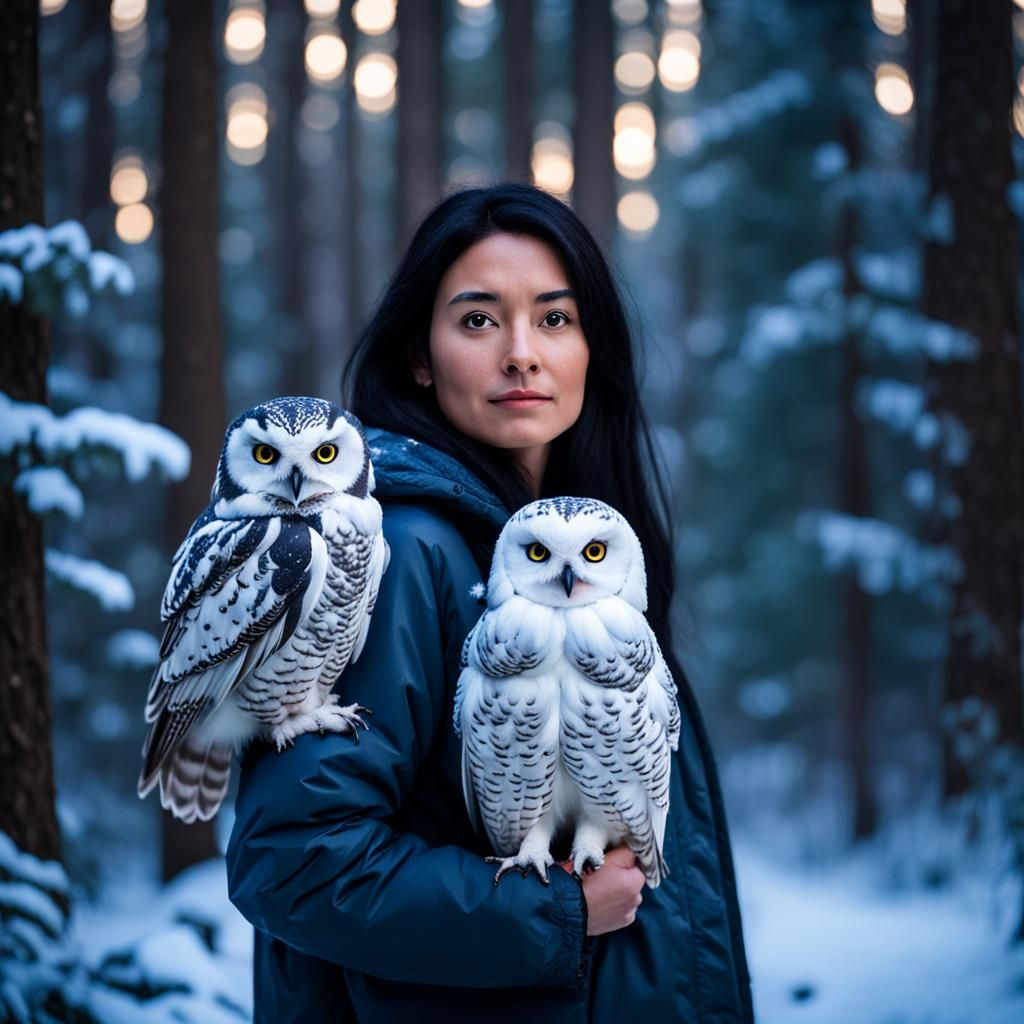 Woman with Snow Owl in Galaxy Forest