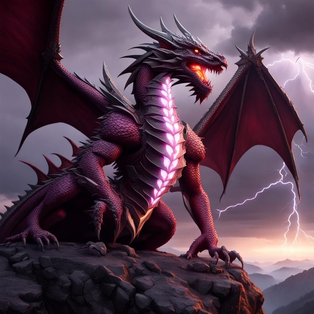 Armored Maroon Dragon on Mountain, Dark Fantasy Art