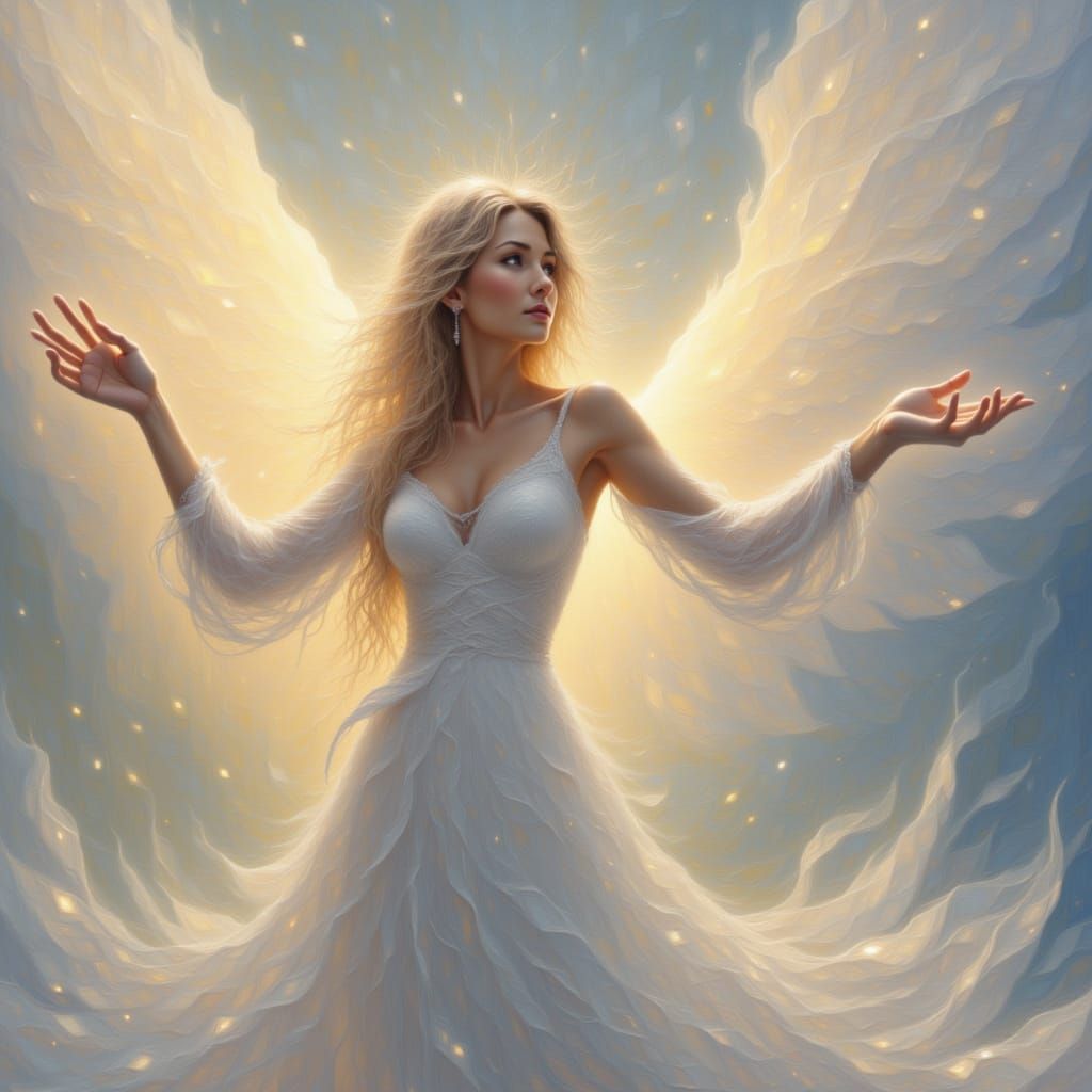 Ethereal Angel with Luminous Wings and Silken Hair