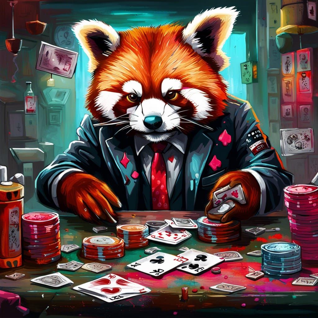 Red Panda Mafia Poker Game in Graffiti Art Style