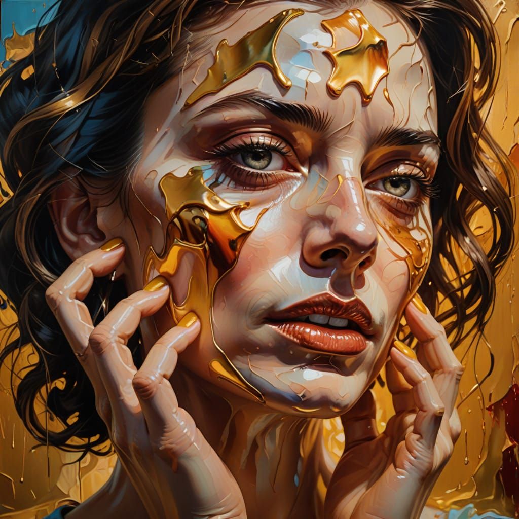 Surrealist Oil Painting of Distorted Face in Golden Light