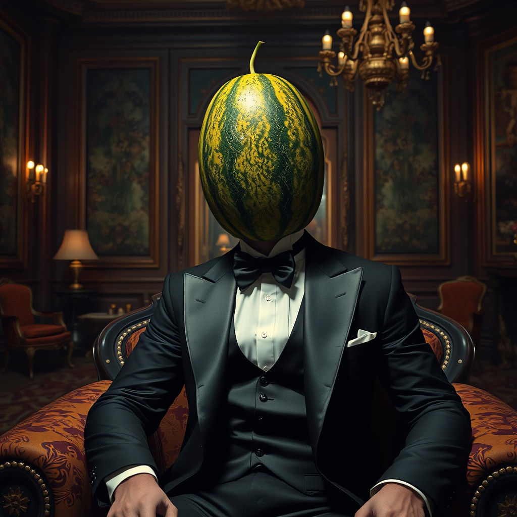 Man with Watermelon Head in Ornate Room