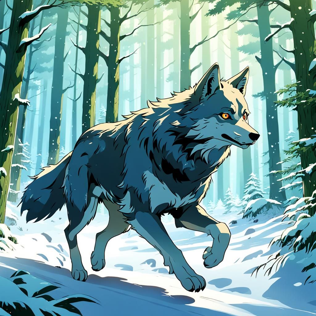 Wolf Running Through Winter Forest in Anime Style