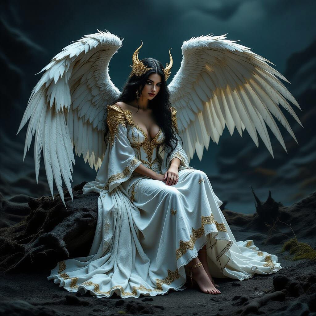 Majestic Fallen Angel in Surreal Landscape