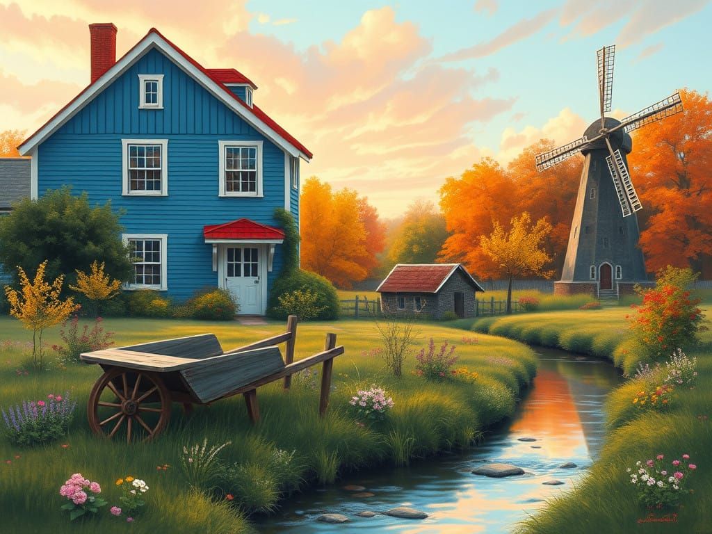 Idyllic Countryside Scene in Soft Watercolor Style