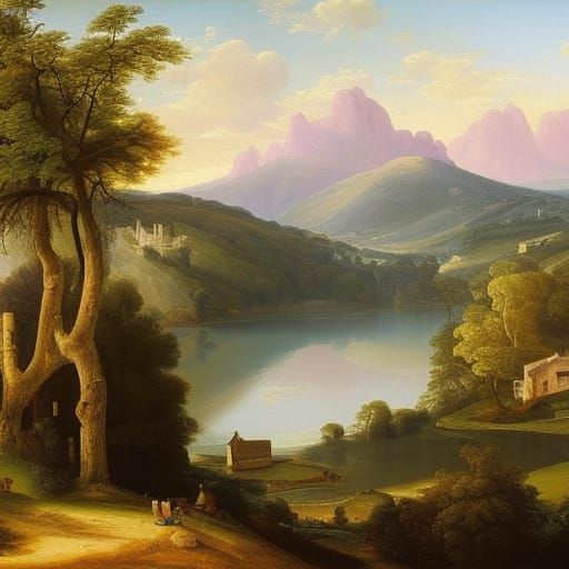 Baroque Oil Painting of Lake View From Hillside
