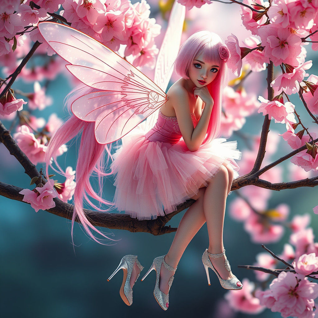Pink Fairy on Cherry Blossom Branch