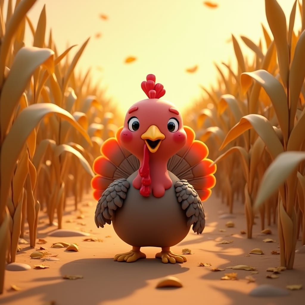 Chibi Cartoon Turkey Strolls Through Autumn Cornfield