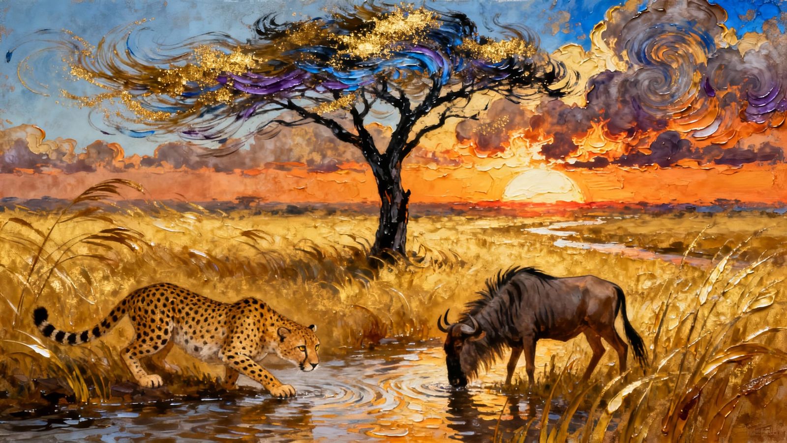 Encaustic Golden Serengeti Landscape with Cheetah and Wildeb...