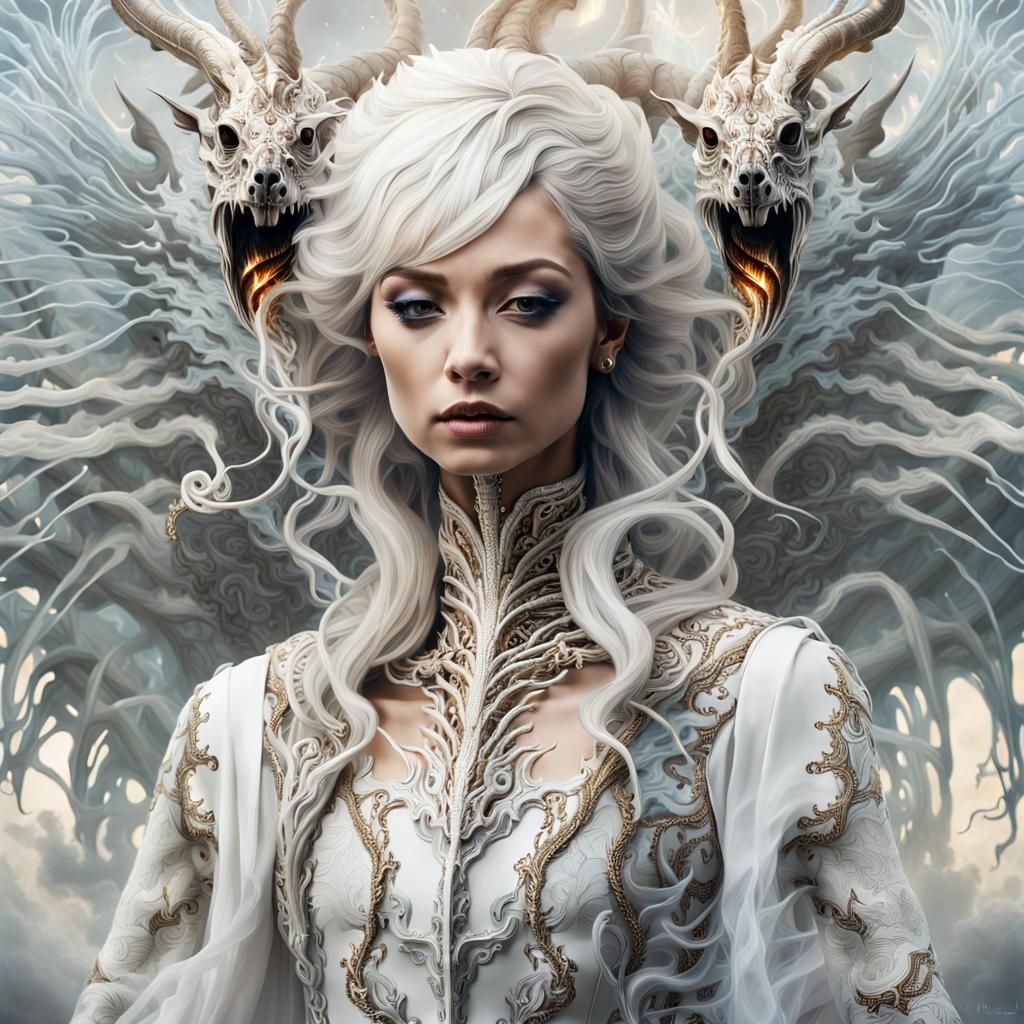 Surreal Bone Dragon Amidst Silver Mist