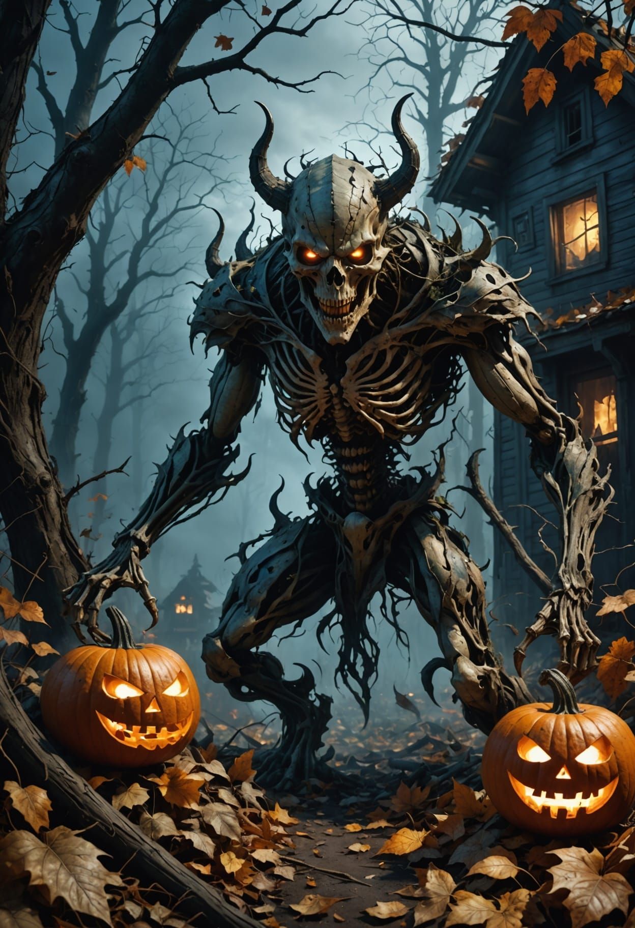 Skeletal Pumpkin Head Demon in Haunted Forest