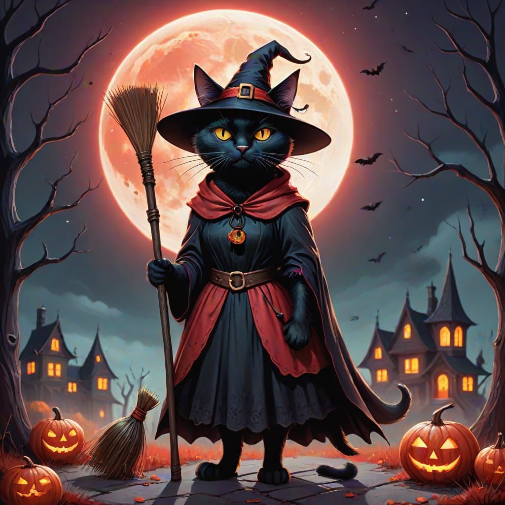 Whimsical Witch Cat Under Blood Moon