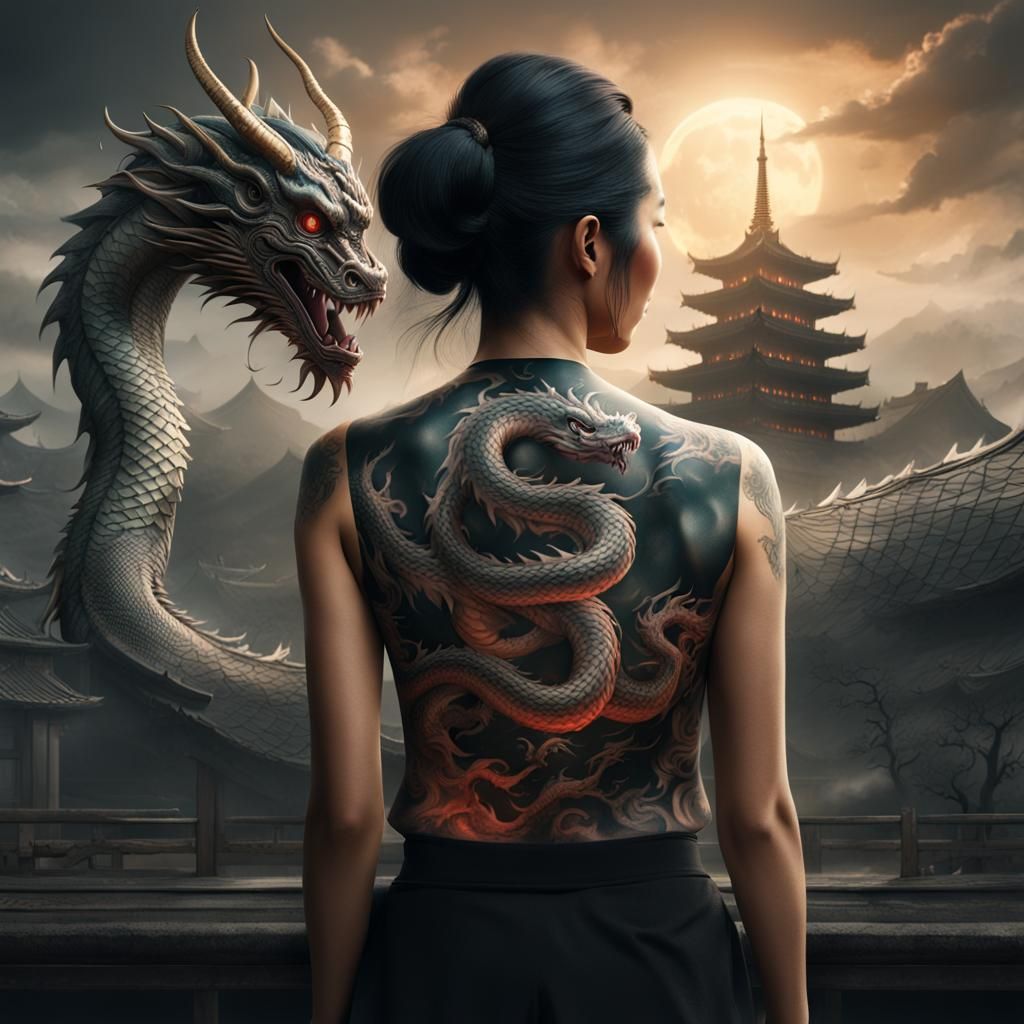 Asian Woman with Dragon Tattoo: Digital Matte Painting