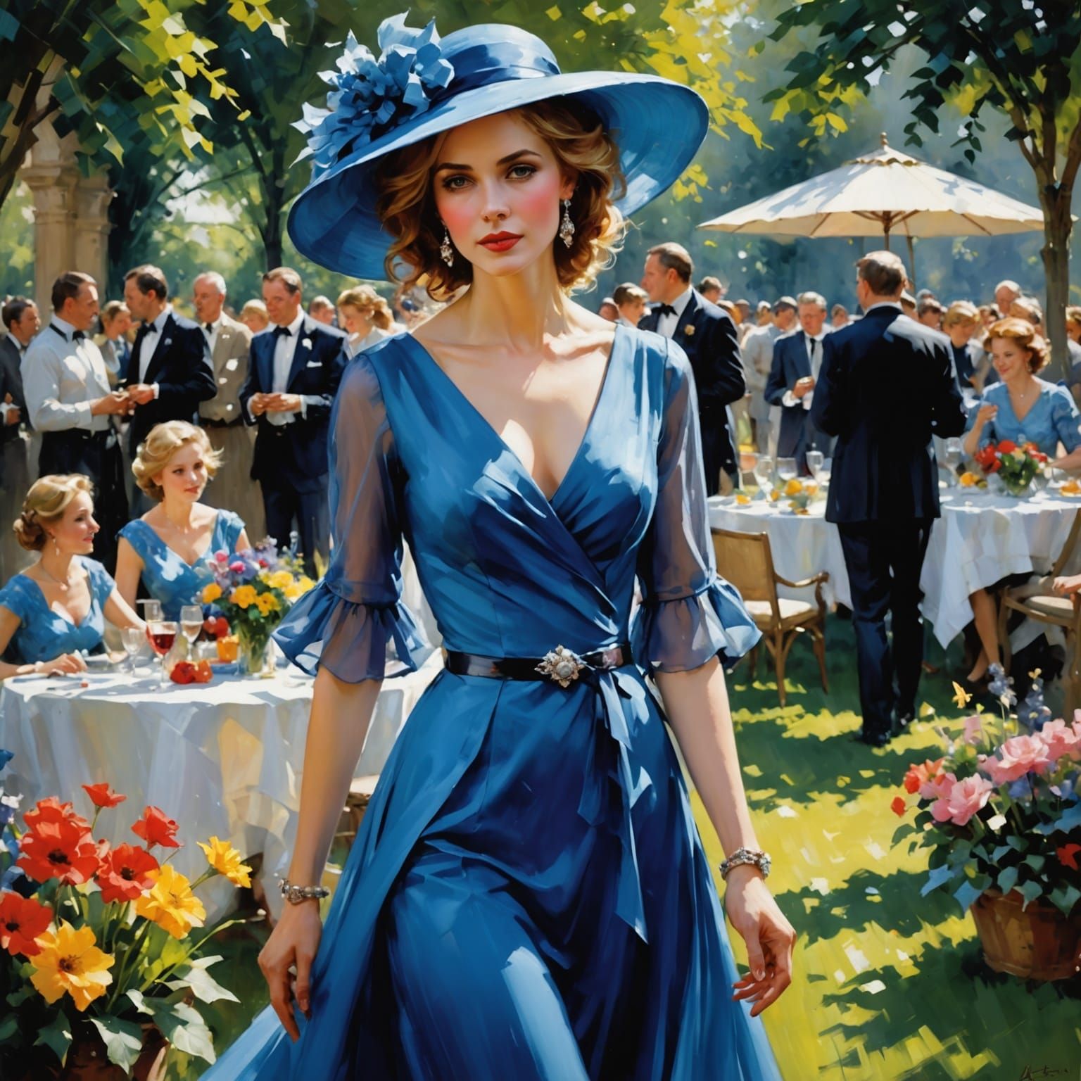 Woman in Blue Dress at Garden Party