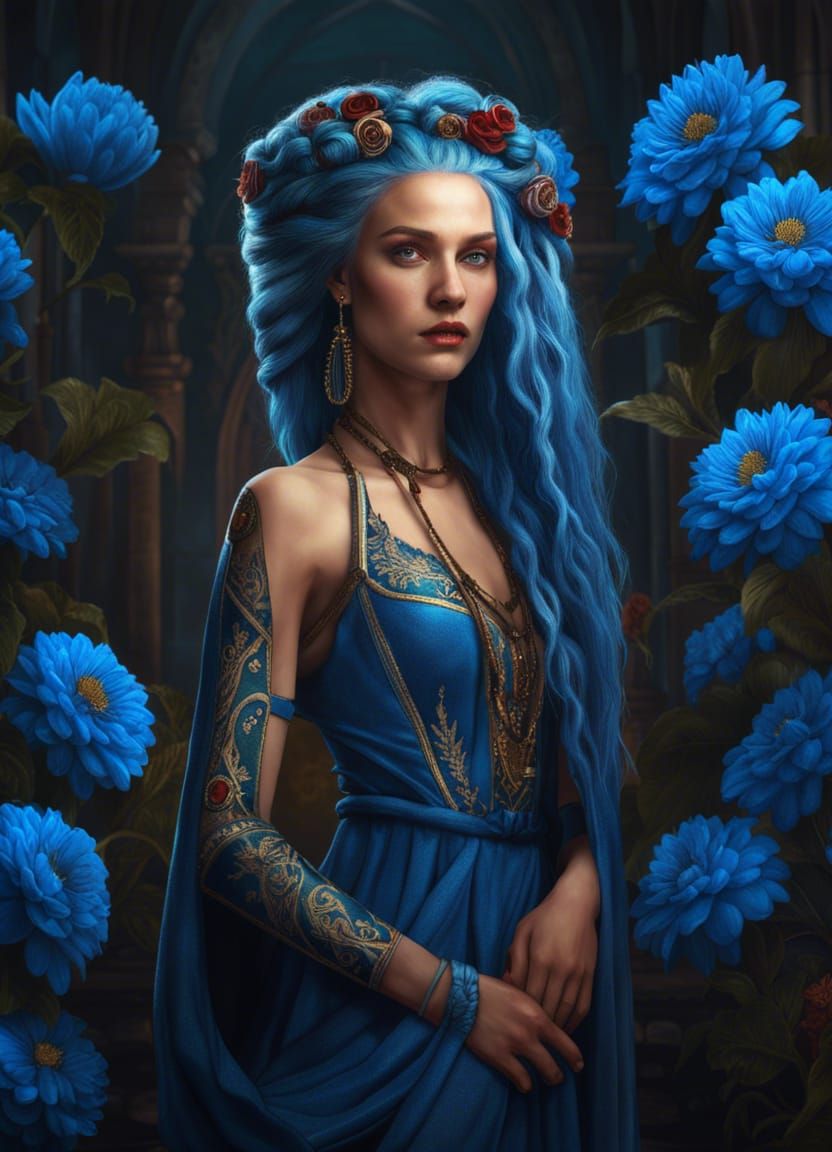 Slavic Goddess with Blue Hair, Digital Art