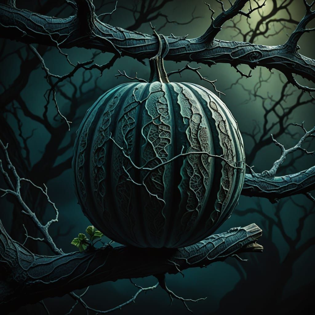Surreal Melon Still Life in Dark, Expressive Brushstrokes