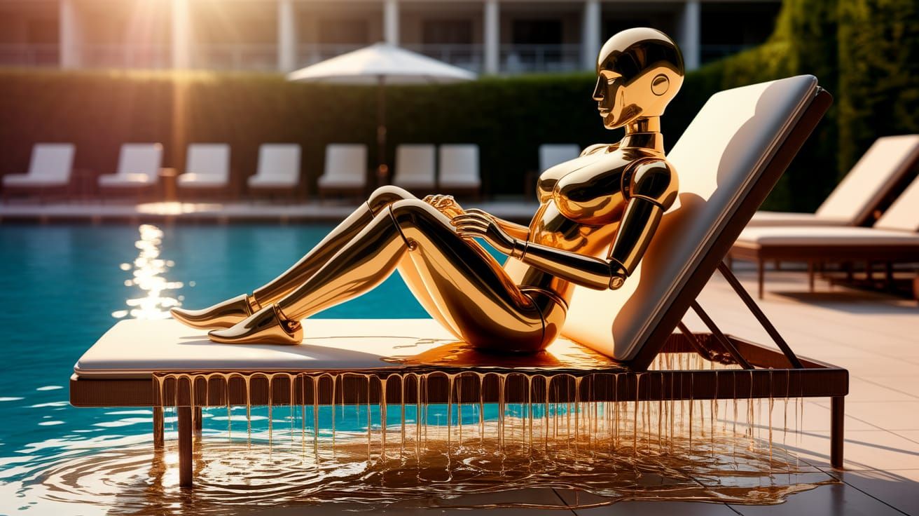 Melting Golden Android Lounging by Hotel Pool