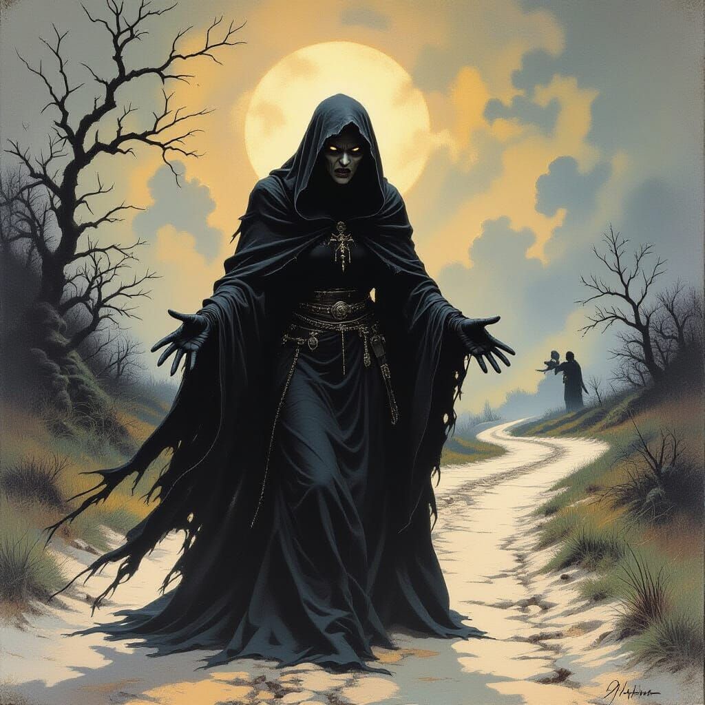 Frightening Crone on Witches Road, in Dark Fantasy Style