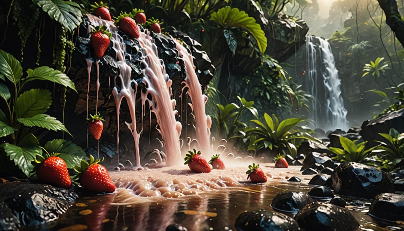 Strawberry Milk Waterfall in Surreal Tropical Jungle