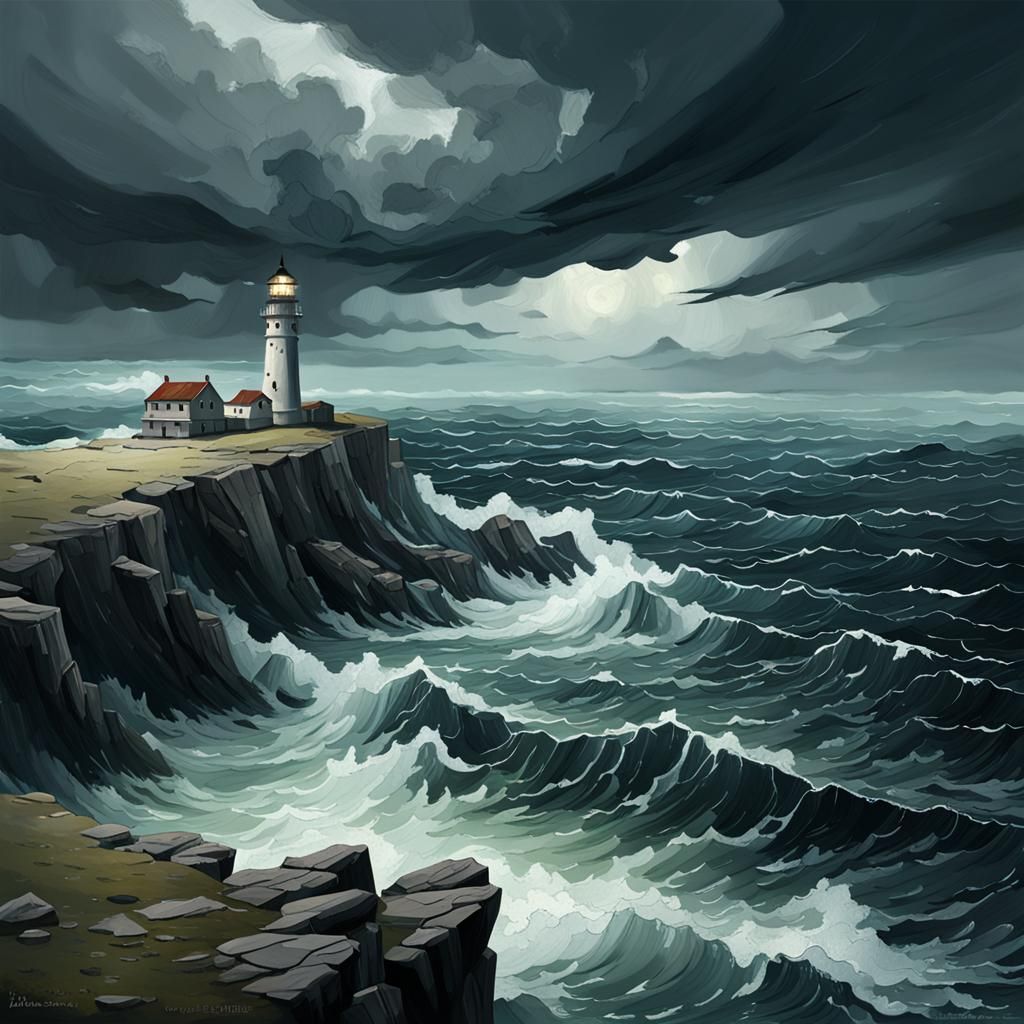 Stormy Seas Painting with Distant Lighthouse