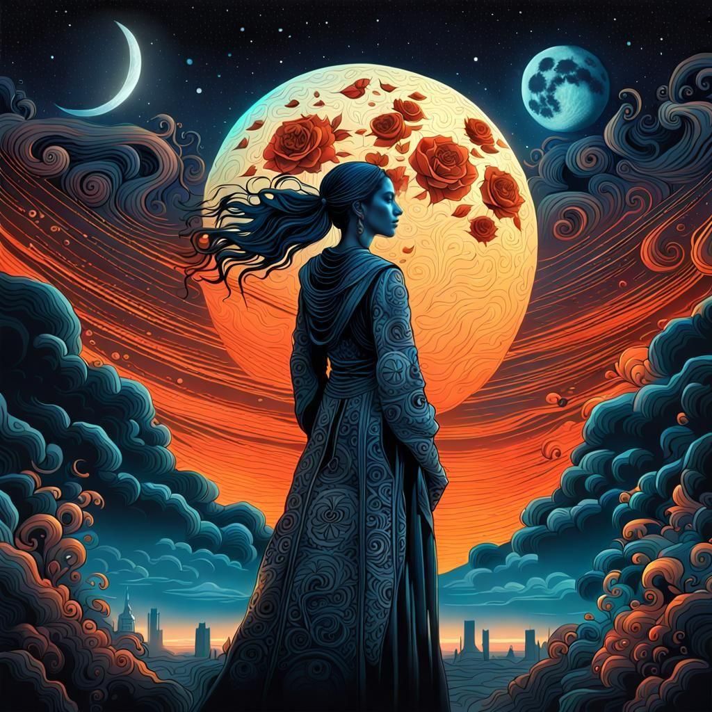 Woman's Silhouette Before the Full Moon