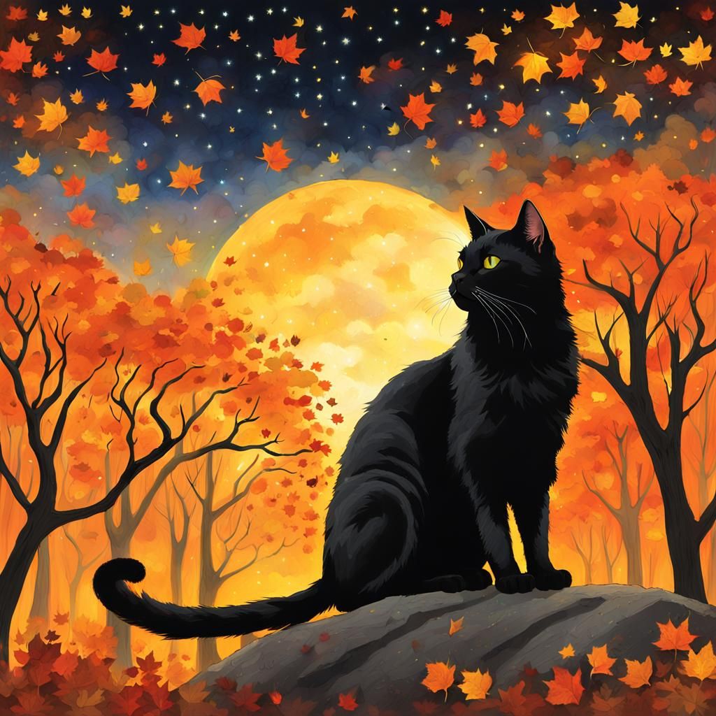 Black Cat Gazing at Starry Sky