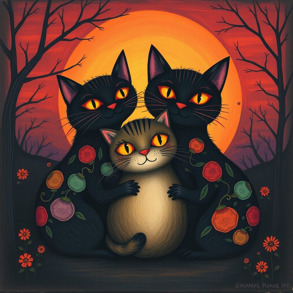 Whimsical Sunset Creatures in Vintage Storybook Style