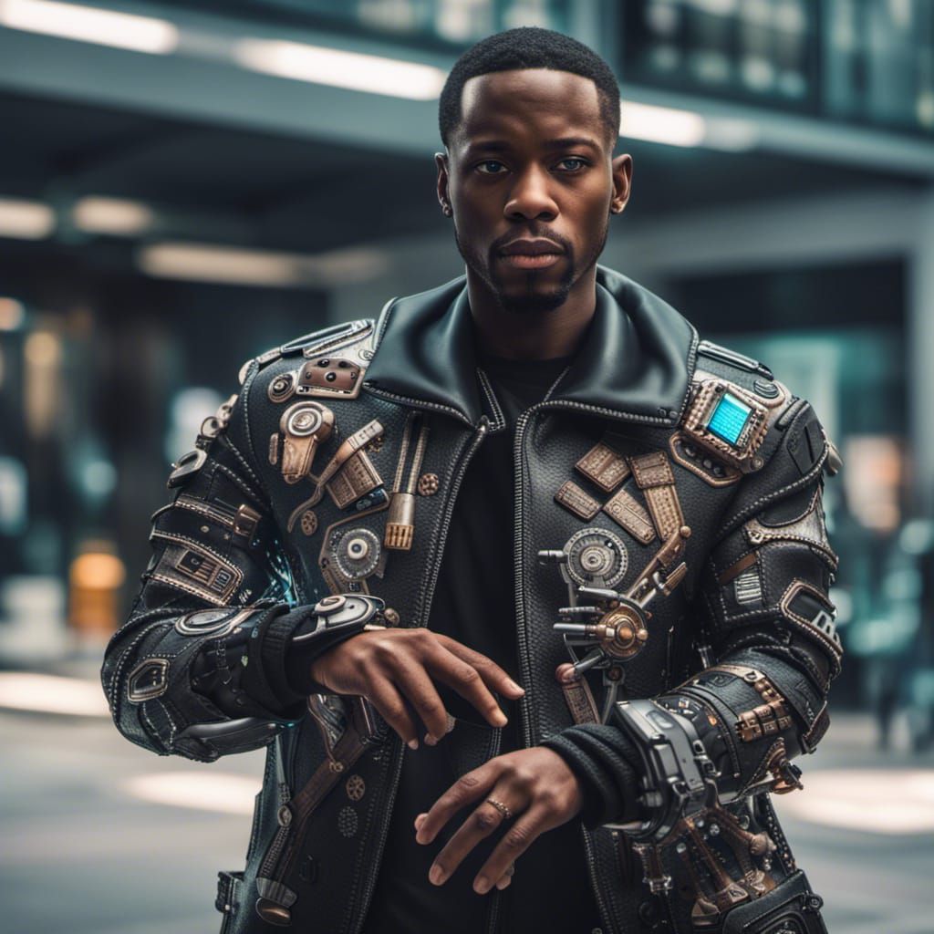 Futuristic Black Man with Robot Arm in HDR