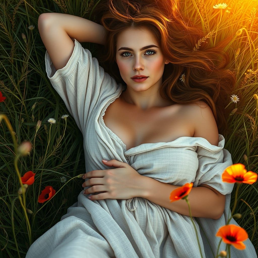 Ethereal Slavic Woman in Summer Meadow at Golden Hour