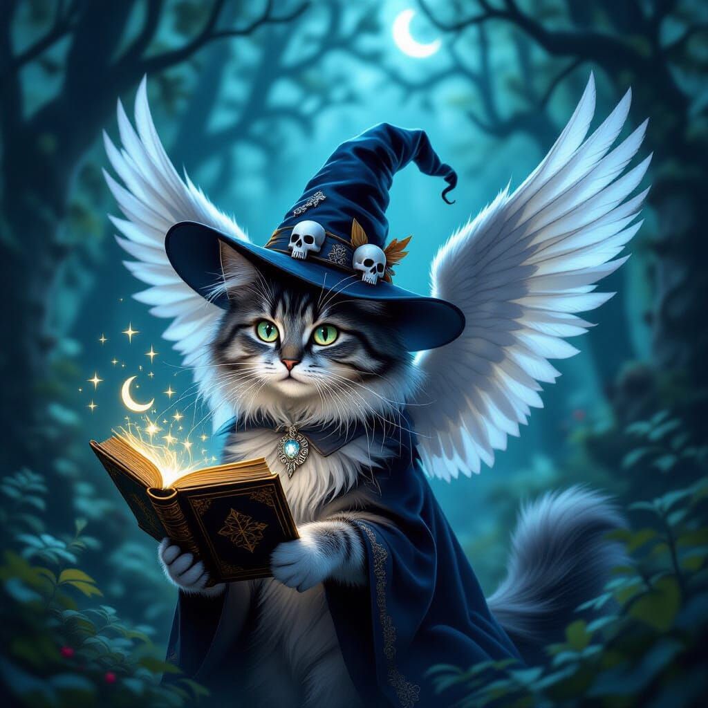 Cat Witch with Angelic Wings in Enchanted Forest