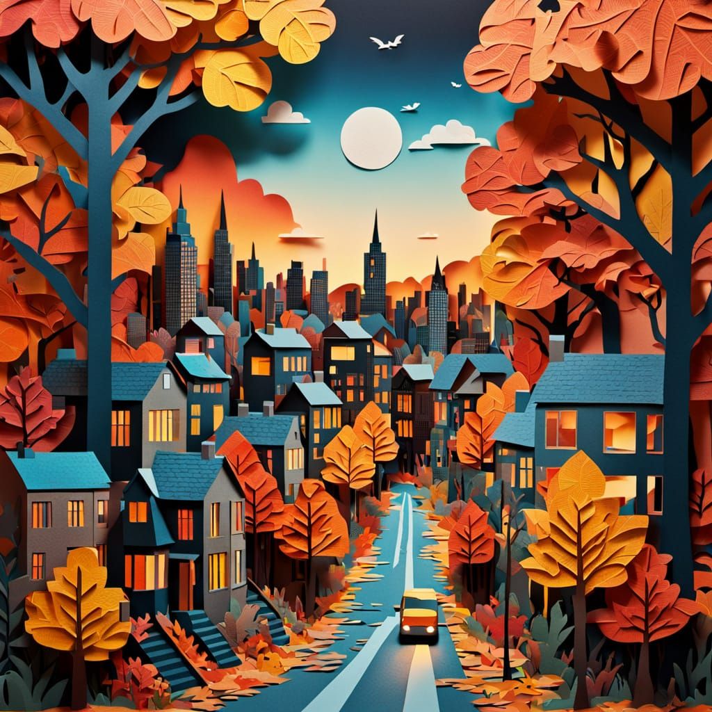 Vibrant Autumn Cityscape Sunset Mixed Media Collage