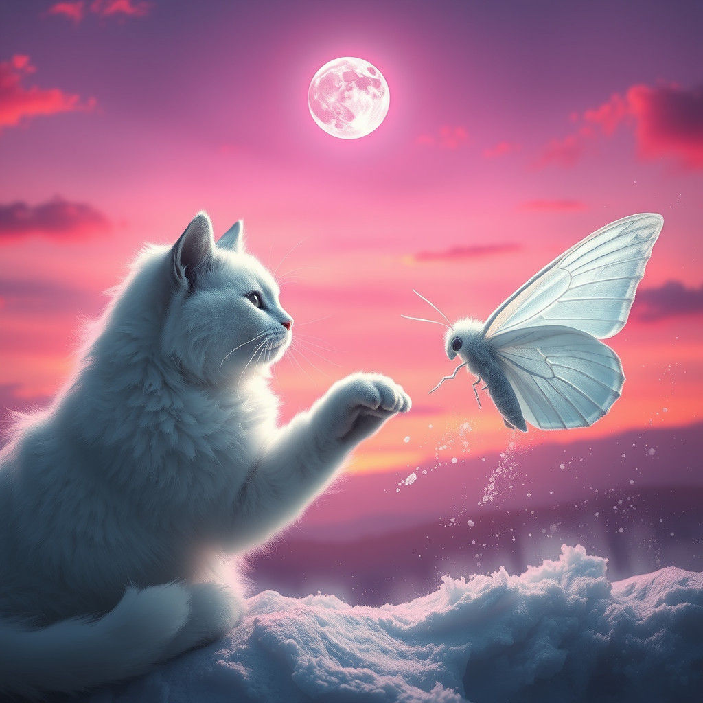 Ethereal Cat and Moth Dissolving in Pastel Dusk