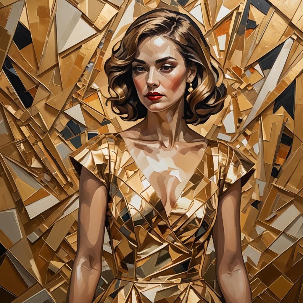 Cubist Lady in Gold Dress with Fauvist Colors