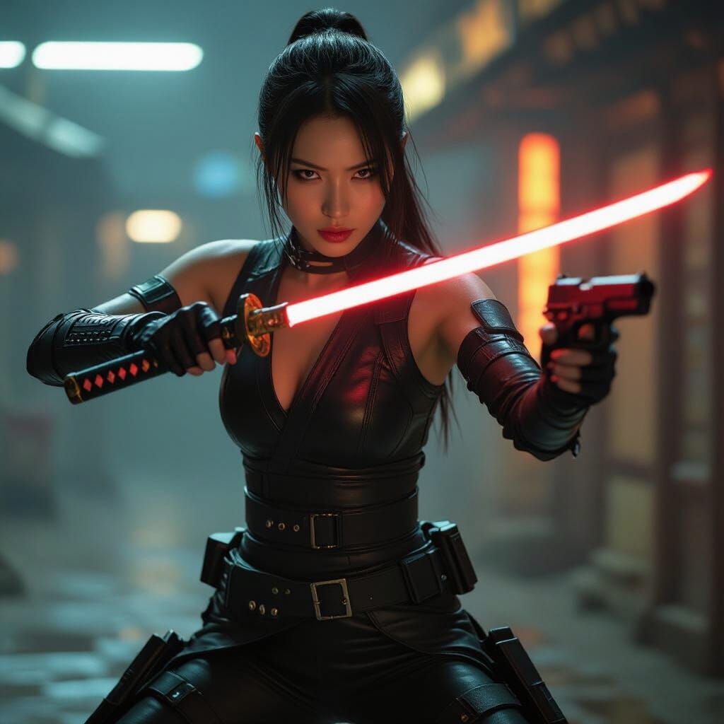 Cyberpunk Ninja Assassin Wields Laser Katana and Pistol