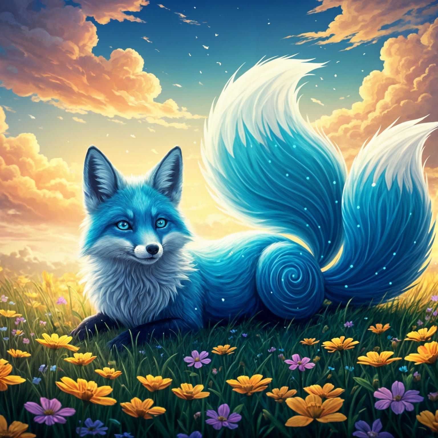 Celestial Blue Fox in Vibrant Flower Field