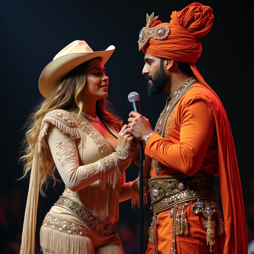 Celestial Diva in Vibrant Cowgirl Attire Shines on Stage