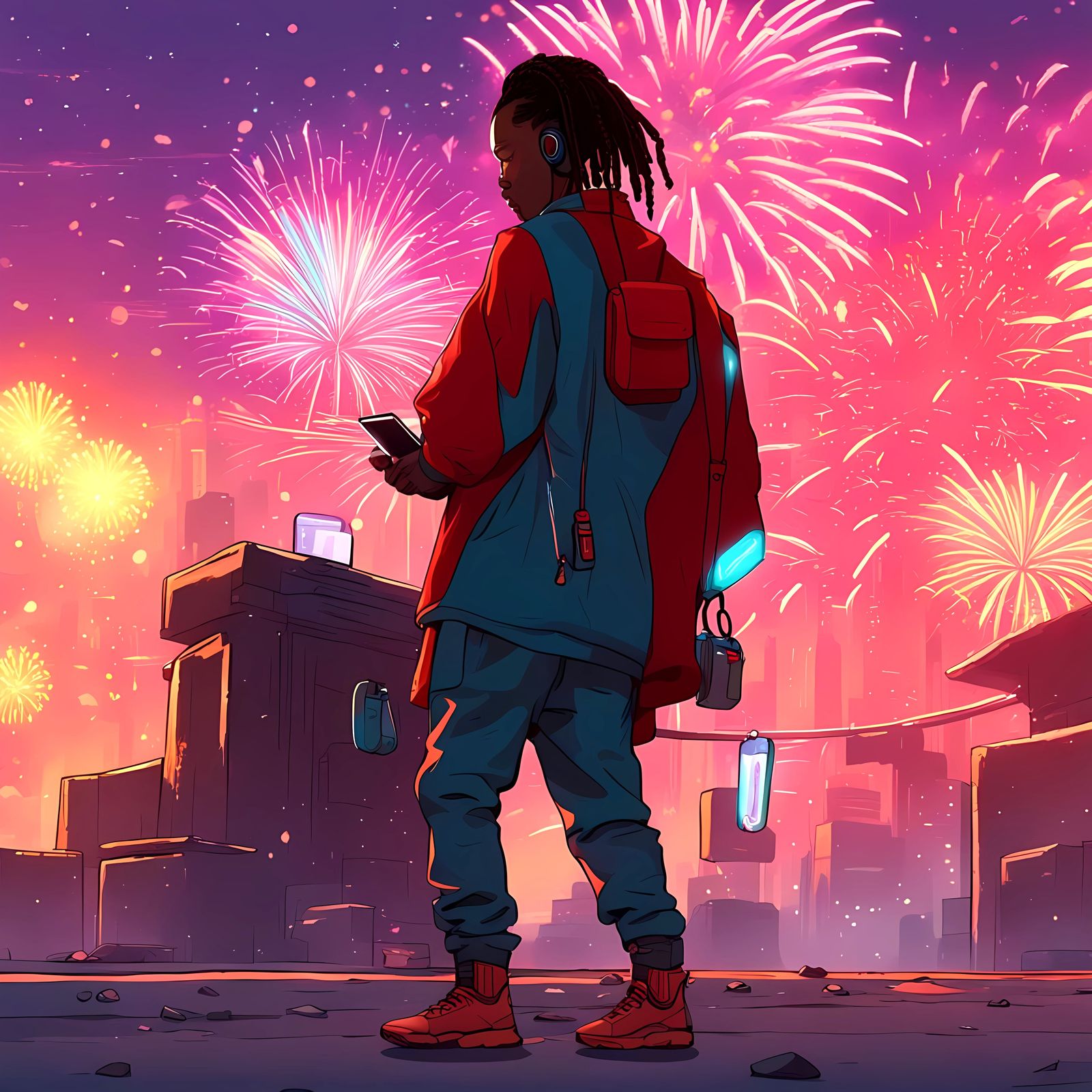 African American in Neon-Lit Chinatown