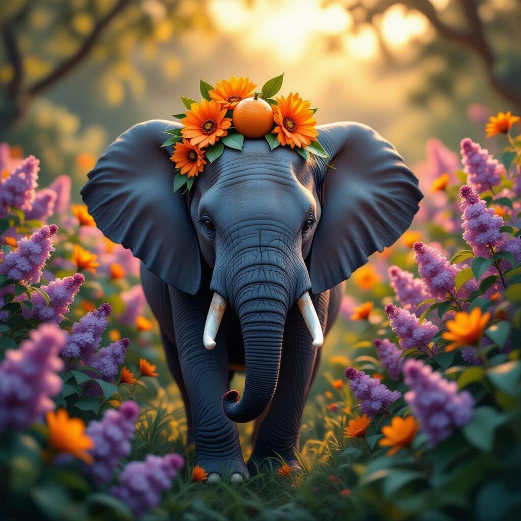 Stylized Elephant with Orange and Flowers