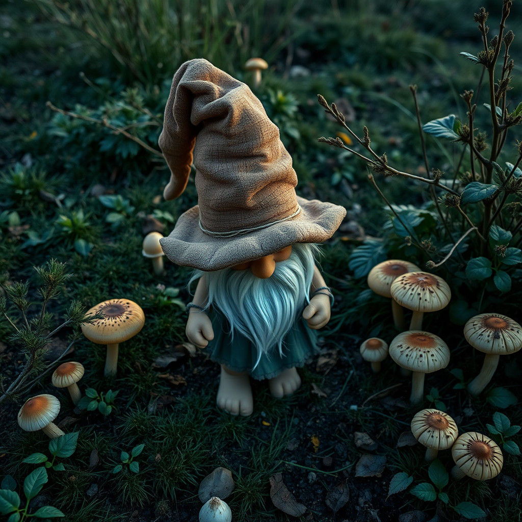Gnome with Wrinkled Hat Among Mushrooms