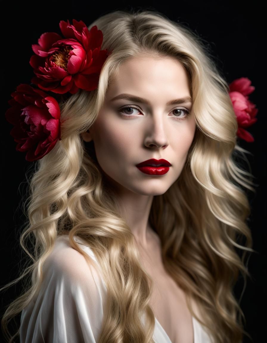 Woman with Peonies in Soft Focus Studio Portrait