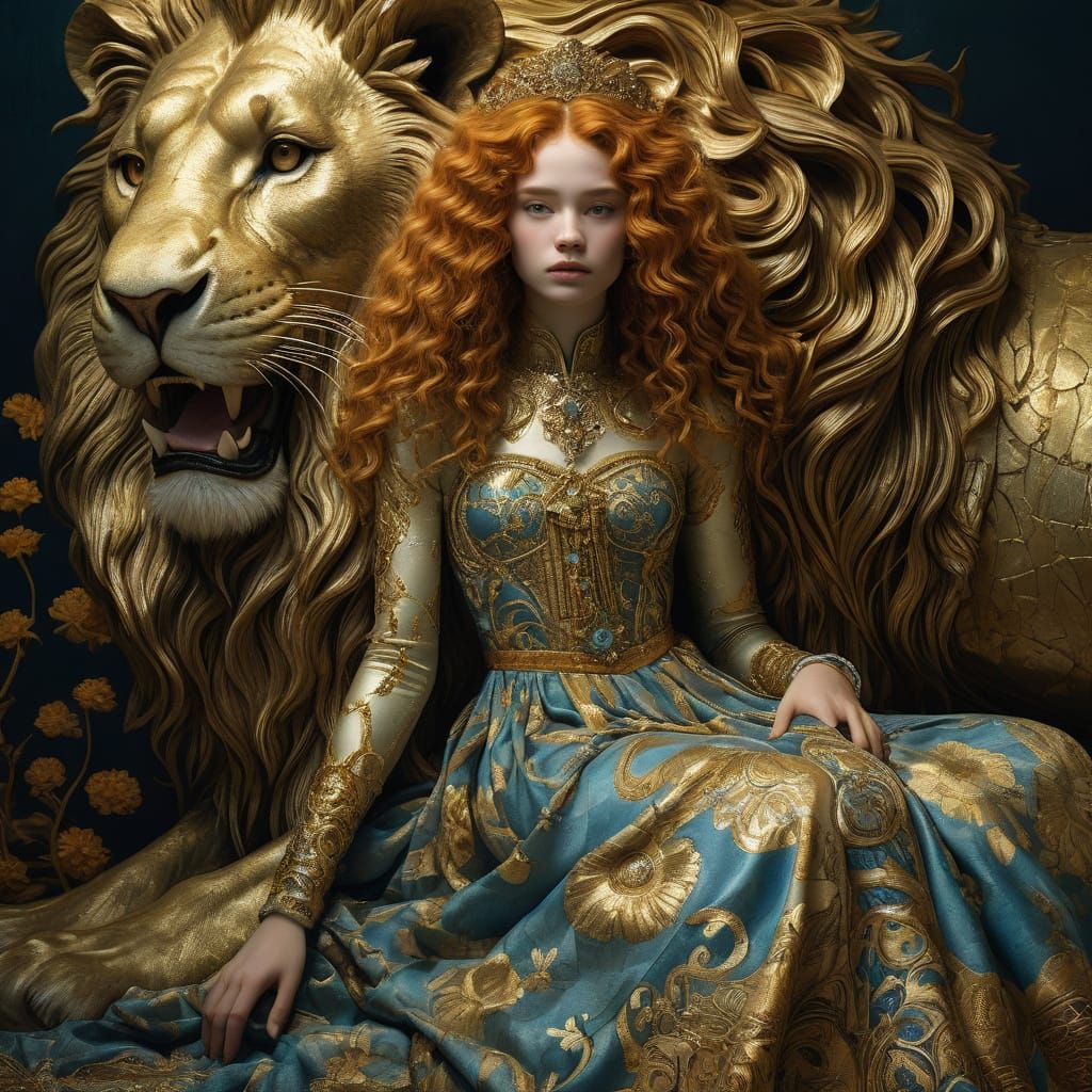 Regal Woman and Majestic Lion Entwined in Gold Ribbon, in th...