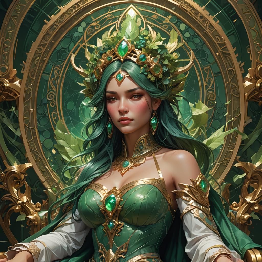 Emerald Goddess Portrait in Art Nouveau Style