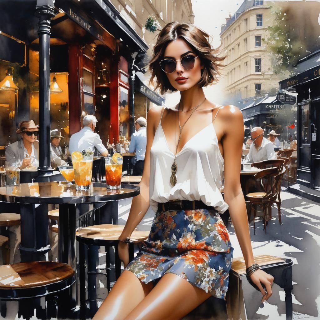 Bohemian Girl in London Cafe Watercolor