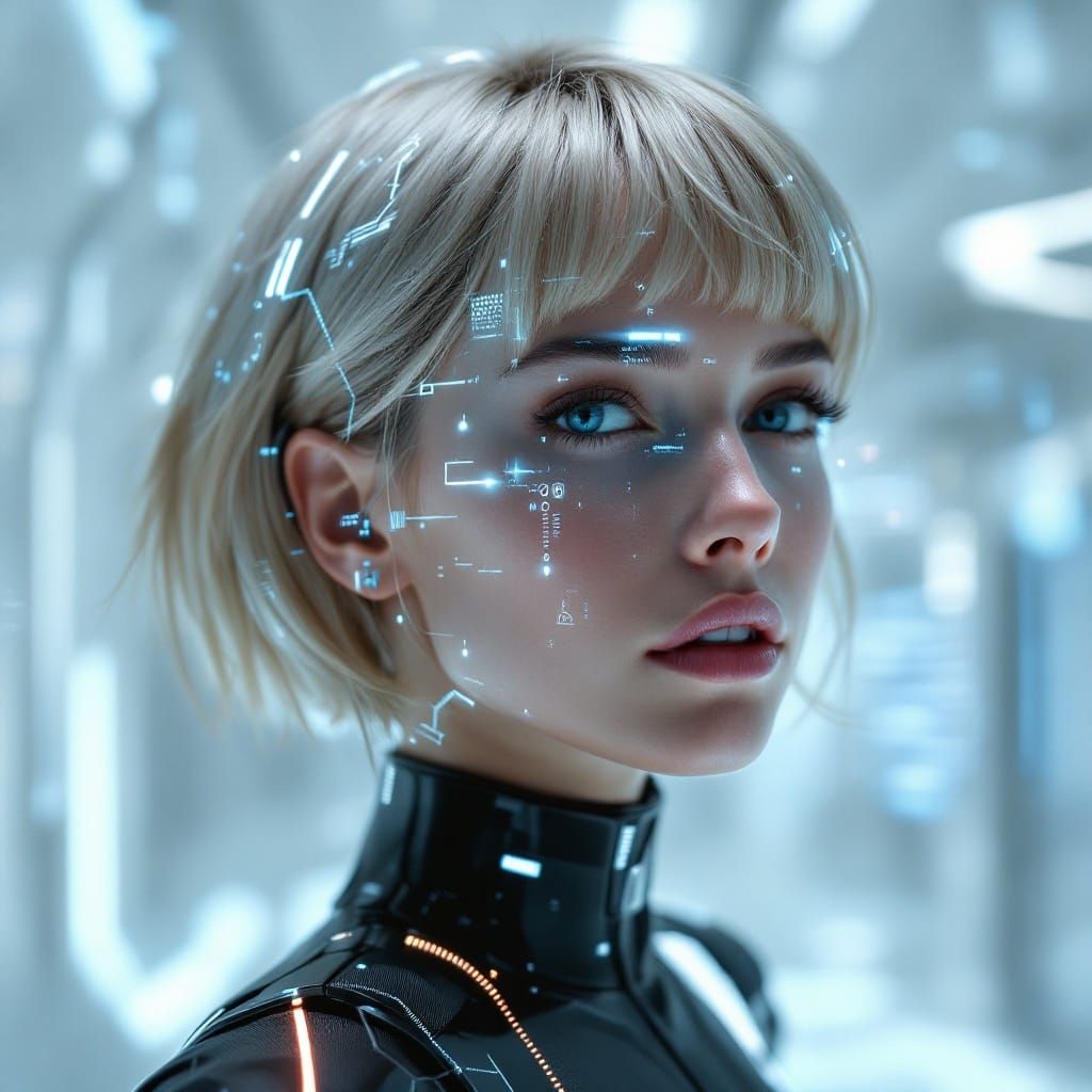 Cyberpunk Woman in Digital Space with Data Streams